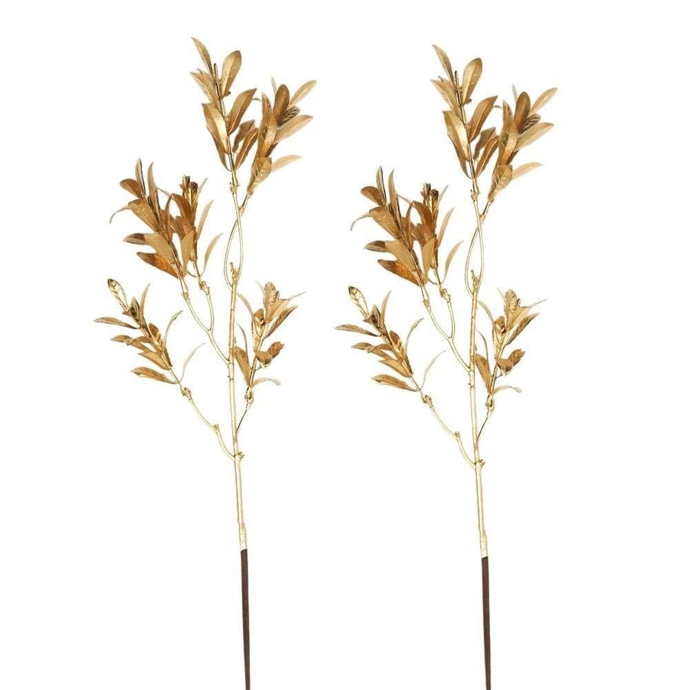 Kit 2 Galhos Decorativo Natalino Folhagens Douradas Metalizadas 55cm - Magizi