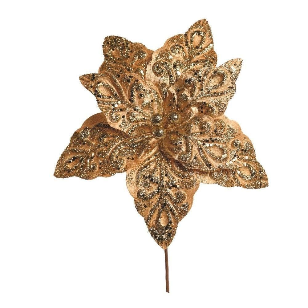 Flor Bico De Papagaio Pick Natal Veludo Arabescos Glitter Dourado 28cm - Magizi