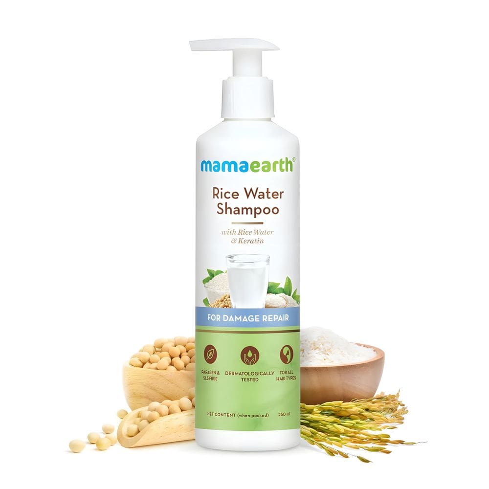 Shampoo MAMAEARTH Água de Arroz com Reparação de Danos de Queratina 250mL