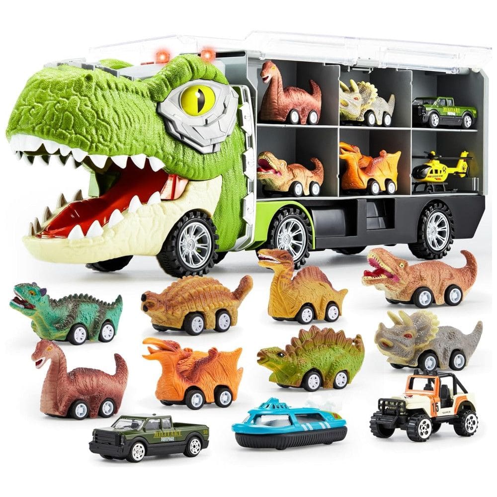 Caminhão Transportador de Dinossauros Retráteis 13 em 1 e Helicóptero com Música, Som Estrondoso e Luzes para Crianças Acima de 3 Anos