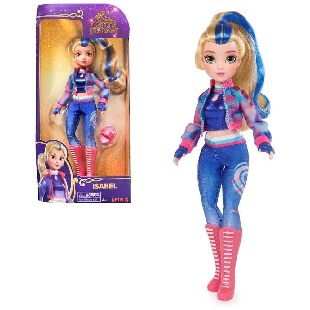 Boneca Isabel de 24 cm com 5 Acessórios de Moda e Ferramenta de Modelagem para Crianças de 4 Anos ou Mais, Academia Unicórnio, Azul e Roxa