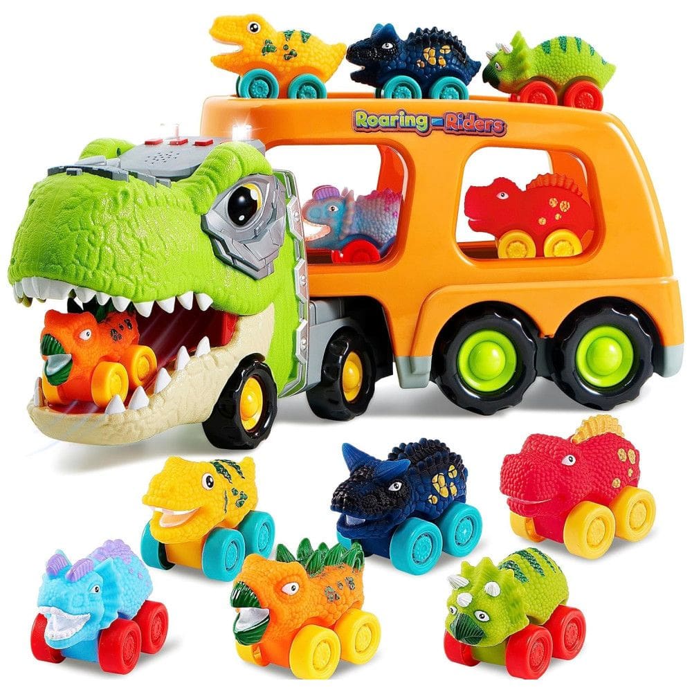 Caminhão Transportador de Dinossauros com 6 Veículos de Borracha, Música e Luzes para Crianças Acima de 2 Anos