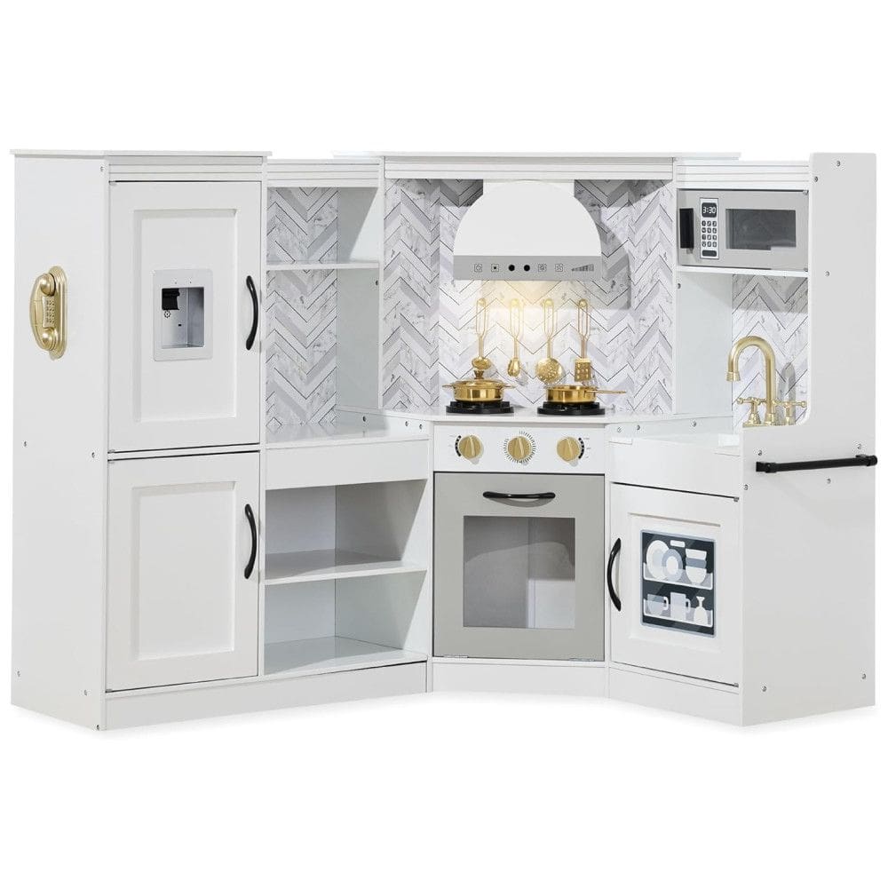 Cozinha Infantil em Madeira interativa com Luzes, Sons, Máquina de Fazer Gelo, Exaustor, Forno e Micro-ondas, Best Choice Products, Branca
