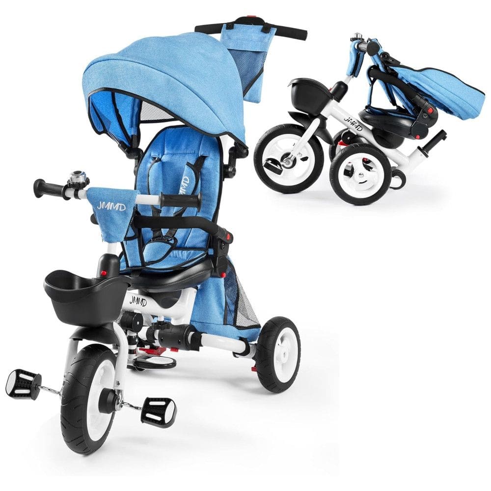 Triciclo Infantil Dobrável 7 em 1 com Alça Ajustável, Arnês de Segurança, Freios de Roda, Capota Removível e Armazenamento, JMMD, Azul