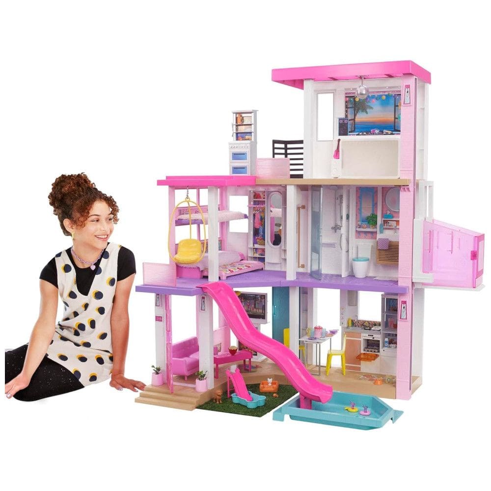 Casa de Bonecas com 75 Acessórios 3 Andares Piscina e Escorregador para Crianças a partir de 3 anos, BARBIE GRG93, Rosa