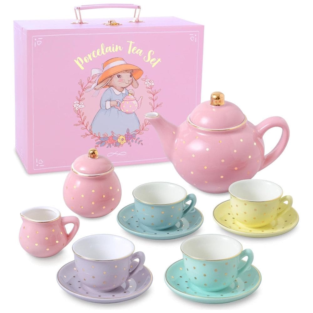 Jogo de Chá Infantil de Porcelana com Tema de Bolinhas Douradas e Estojo de Transporte, Giggle Honey, Colorido