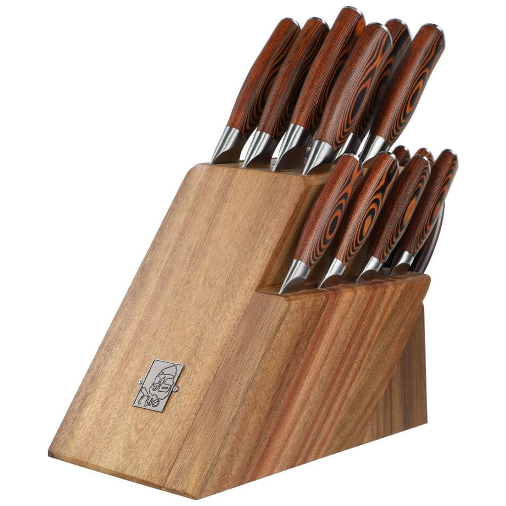 Conjunto de Facas com Afiador Embutido e Bloco de Bancada 17 Peças, TUO, Marrom