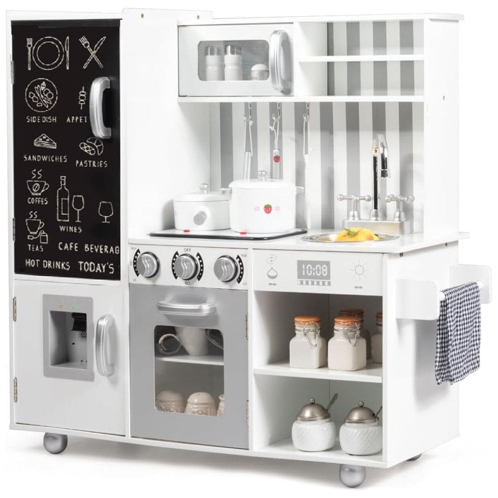 Cozinha Infantil em Madeira com Som Realista, Quadro Negro, Dispensador de Água, Forno e Pia para Crianças Acima de 3 Anos, Costzon, Branco
