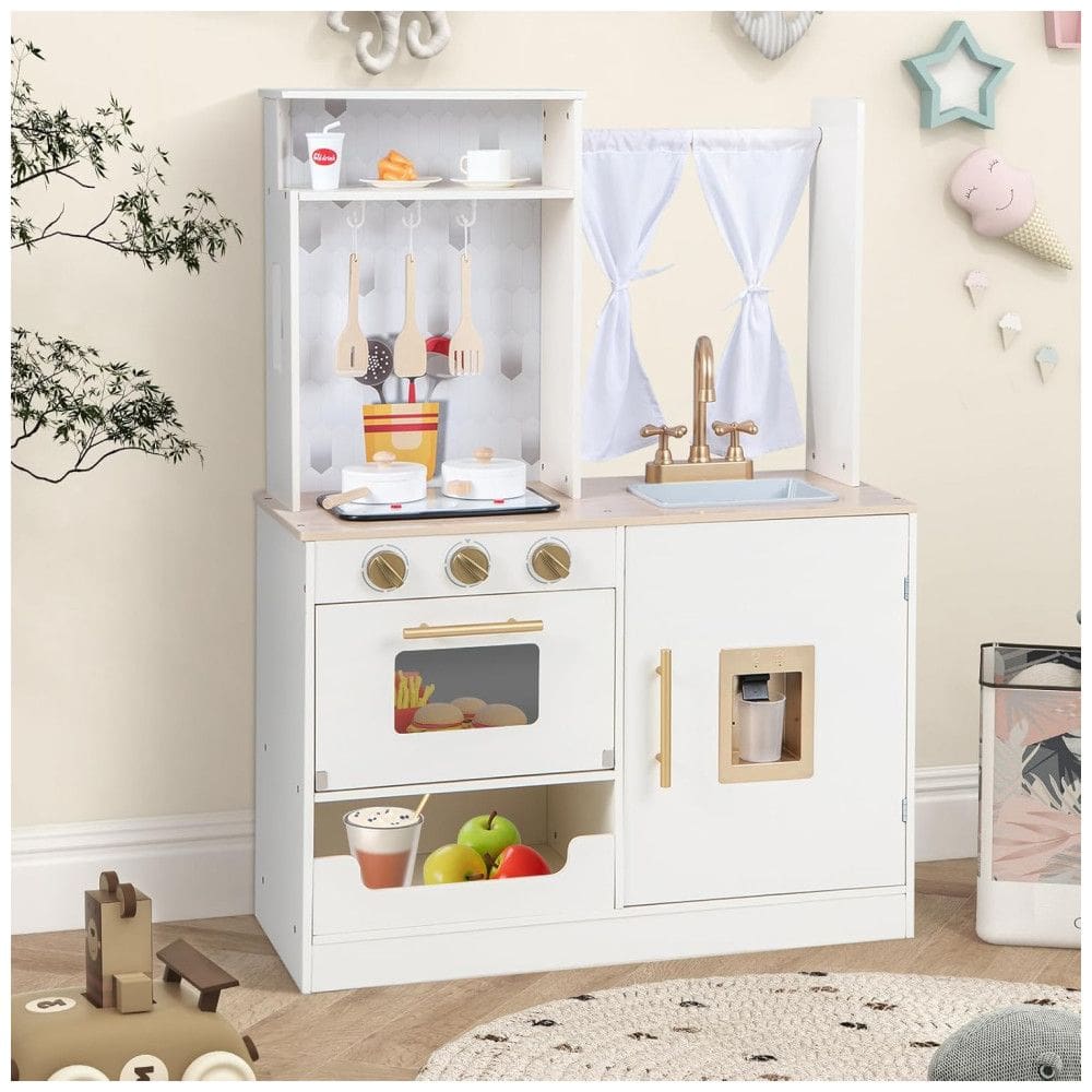 Cozinha Infantil em Madeira com Som e Luz Realista Forno, Pia, Micro-Ondas e Armário de Armazenamento, INFANS, Branca