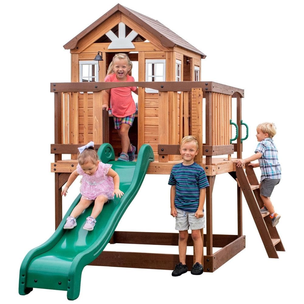 Casinha Infantil de Madeira para Área Externa com Escorregador de Ondas, Deck, Escada e Régua de Crescimento, Backyard Discovery 2102316