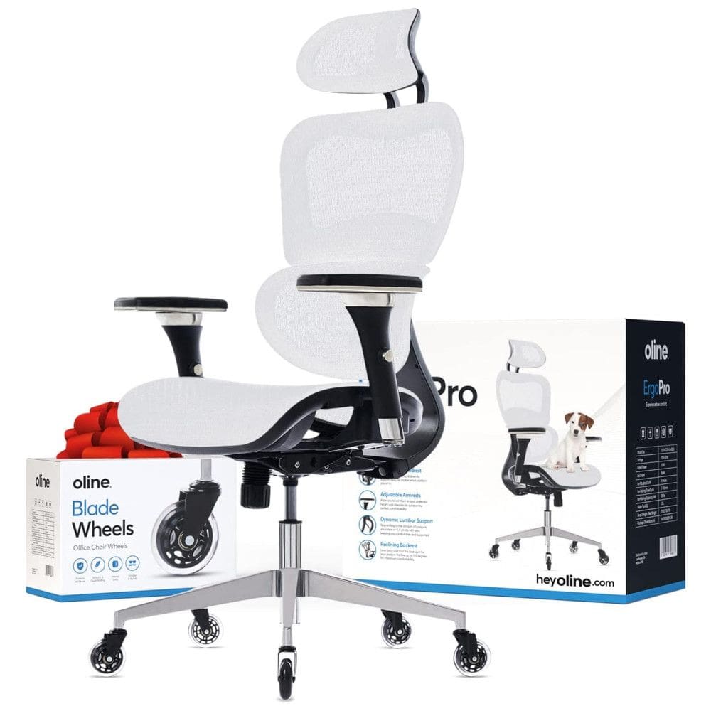 Oline ErgoPro Cadeira de Escritório Ergonômica Giratória e Ajustável com Apoio 4D, Branca
