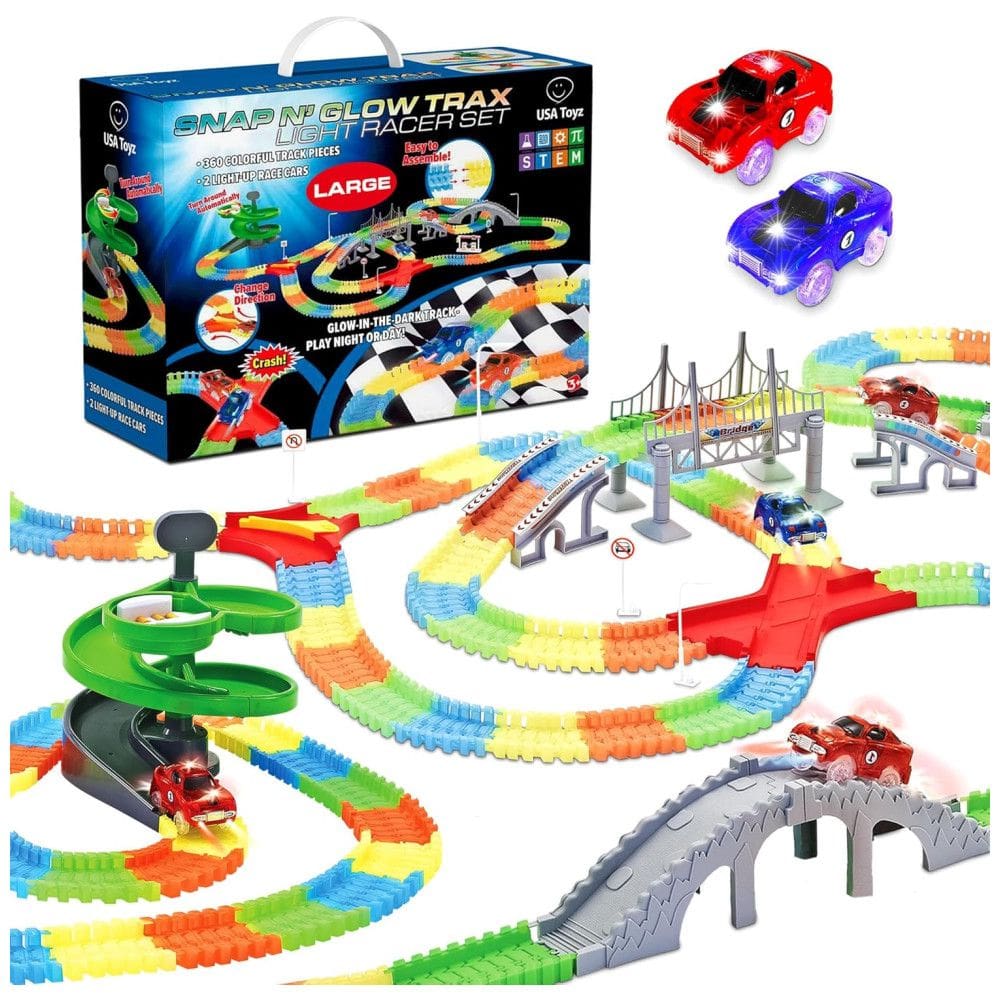 Playset de Pista de Corrida Flexível Glow Trax com Carros LED, 360 Peças, USA Toyz