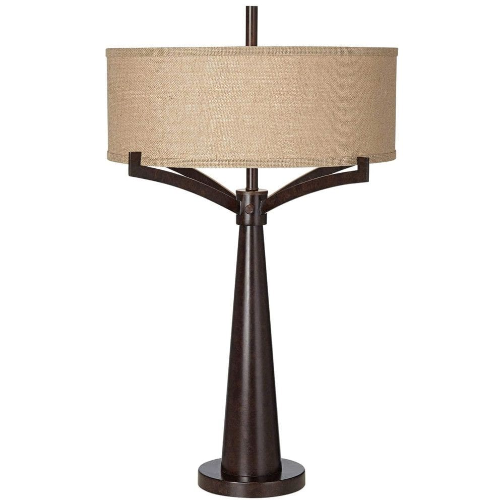 Luminária de Mesa Vintage em Metal e Abajur de Tecido, FRANKLIN IRON WORKS 4T410, Marrom