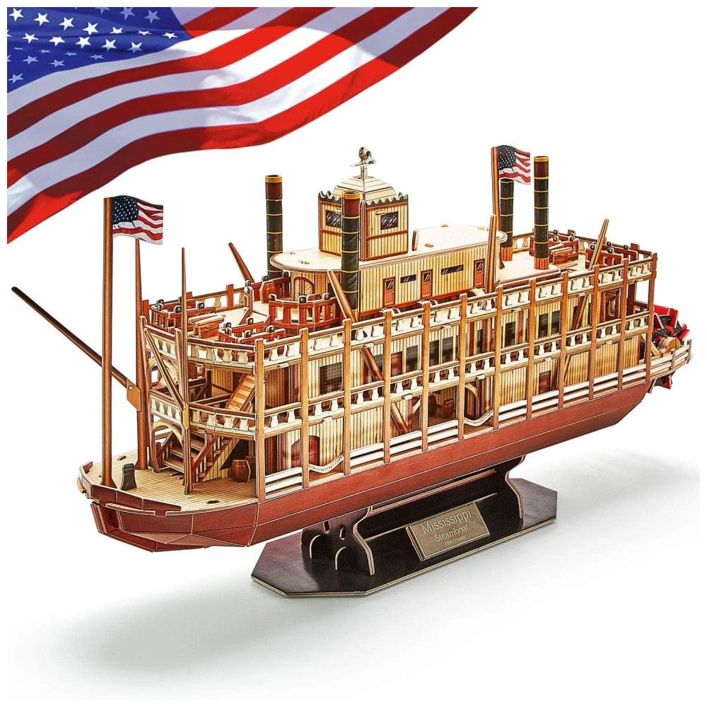 Quebra Cabeças 3D para Adultos, Tema Navio Mississippi com 142 Peças, CubicFun, Marrom