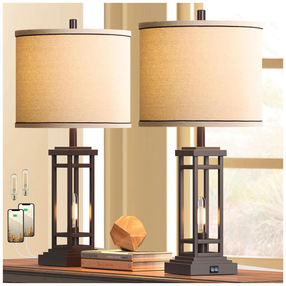 Kit 2 Luminárias de Mesa Vintage em Metal e Abajur de Tecido, ROTTOGOON, Dourado