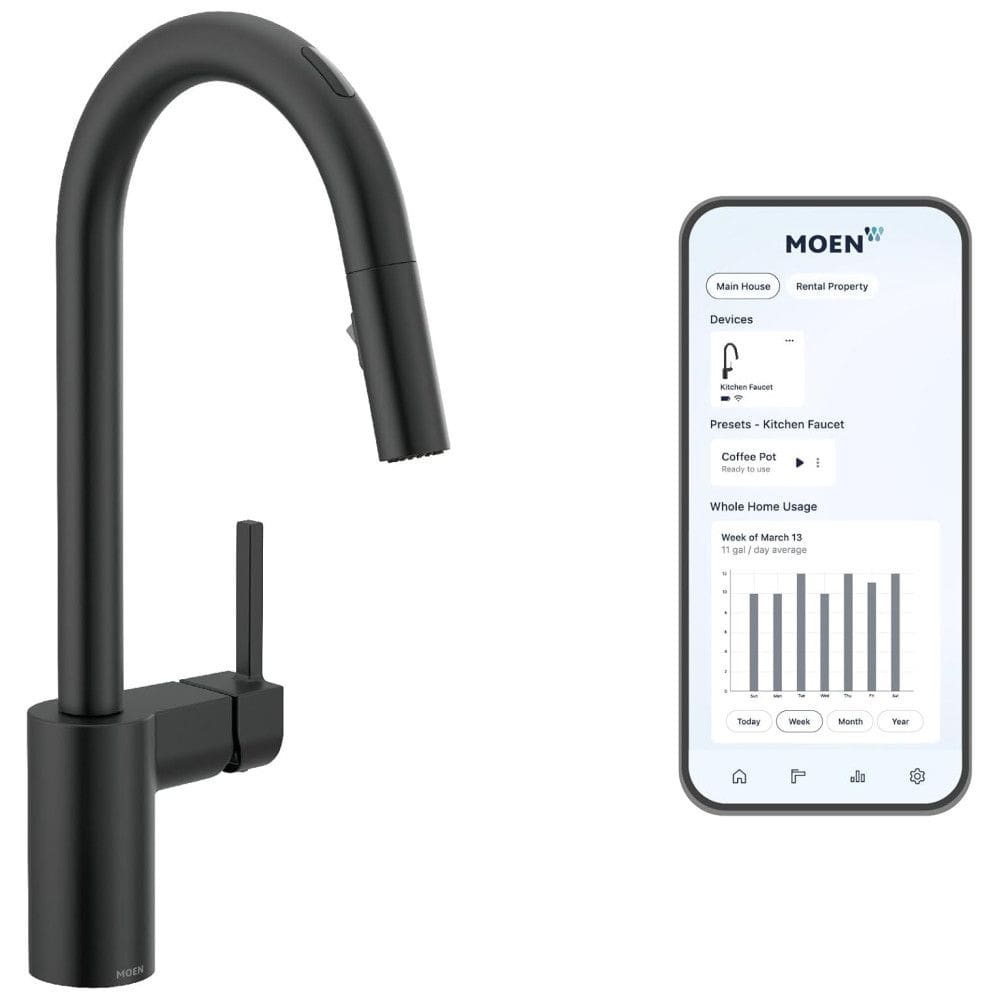 Torneira de Cozinha Inteligente com Controle de Voz e App, Pulverizador Pull Down Moen Align 7565EVBL, Preto Fosco