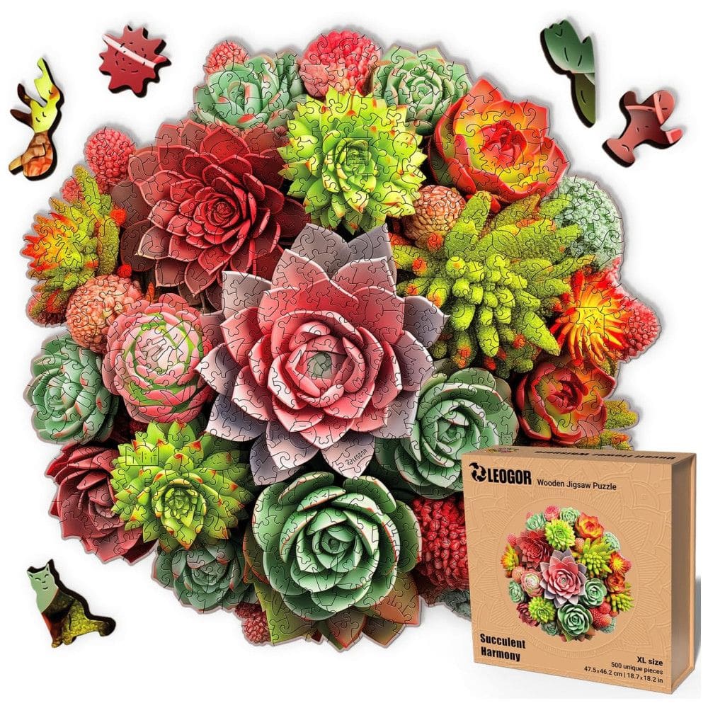 Quebra Cabeças em Madeira MDF para Adultos, Tema Flores Suculentas com 500 Peças, LEOGOR, Colorido