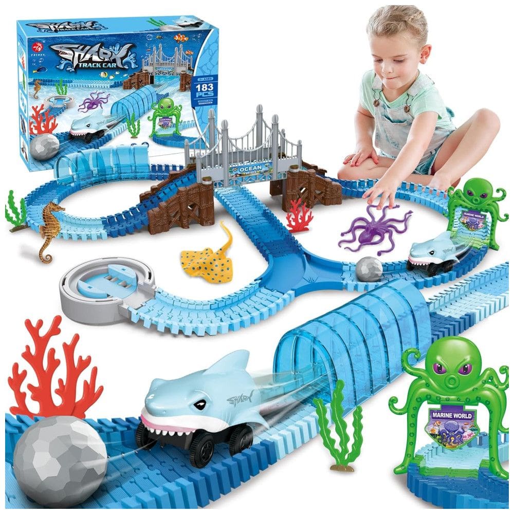 Pista de Corrida com 183 Peças, Tema de Oceano, Carro Tubarão Flexível e Dobrável ??para Crianças Acima de 3 Anos, VATOS, Azul