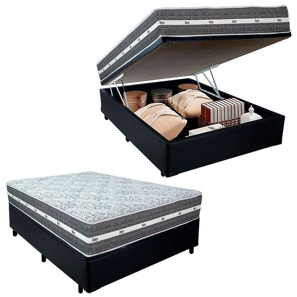 Cama Box Baú Casal Sintético + Colchão Black Graphite Molas Ensacadas 138x188x64cm Preto