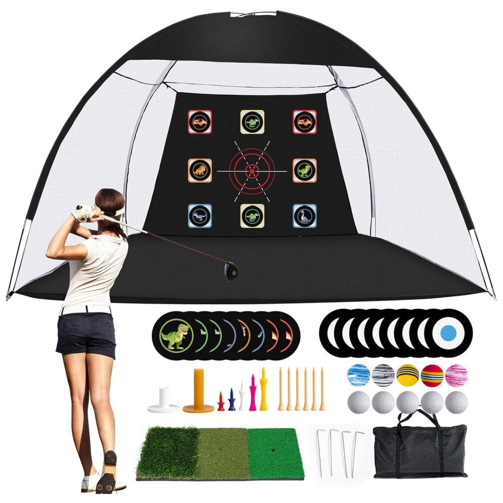 Rede de Treino para Golfe de 3m x 2,1m, Inclui 10 Bolas de Golfe de PU, 11 Tees de Golfe, 2 Tees de Borracha e 1 Bolsa de Transporte para