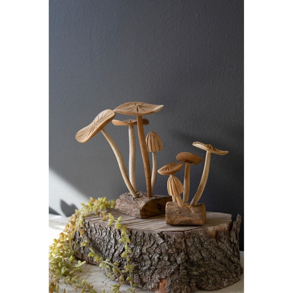 Conjunto de 2 cogumelos esculpidos em madeira de teca Planter KALALOU
