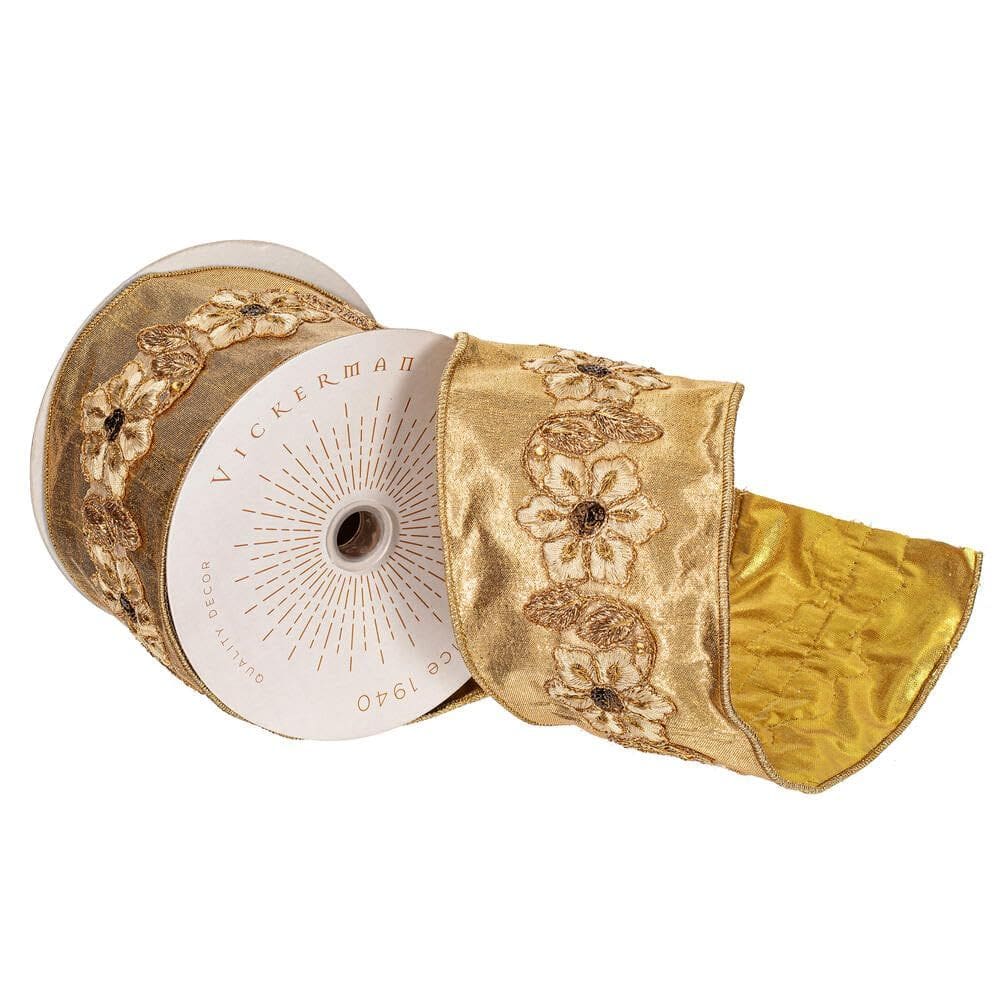 Fita de Natal Vickerman 10 cm x 4,5 m dourada com fio floral