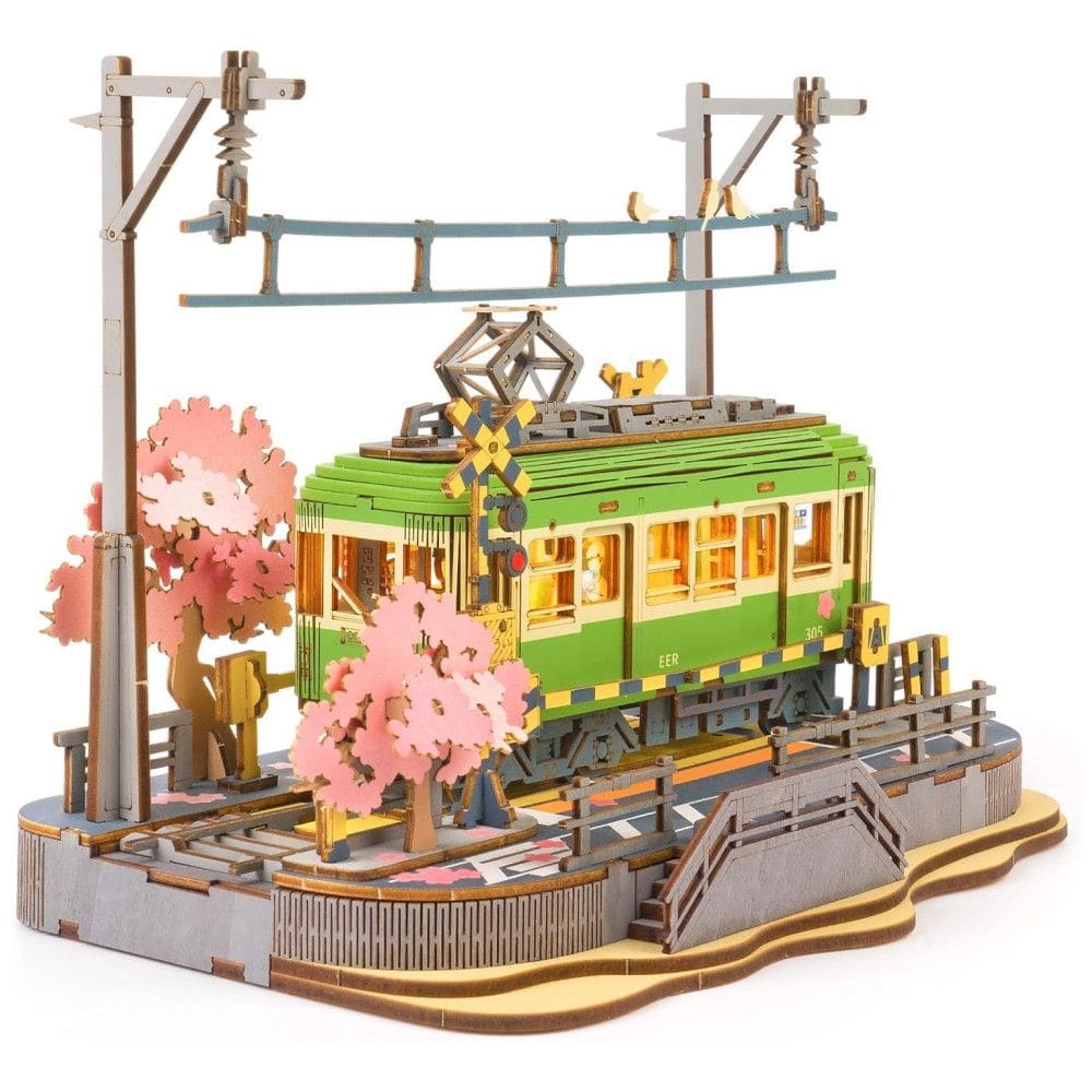 Quebra Cabeças 3D em Madeira para Adultos, Tema Estação de Trem com 223 Peças e Luzes LED, Rolife, Verde e Rosa