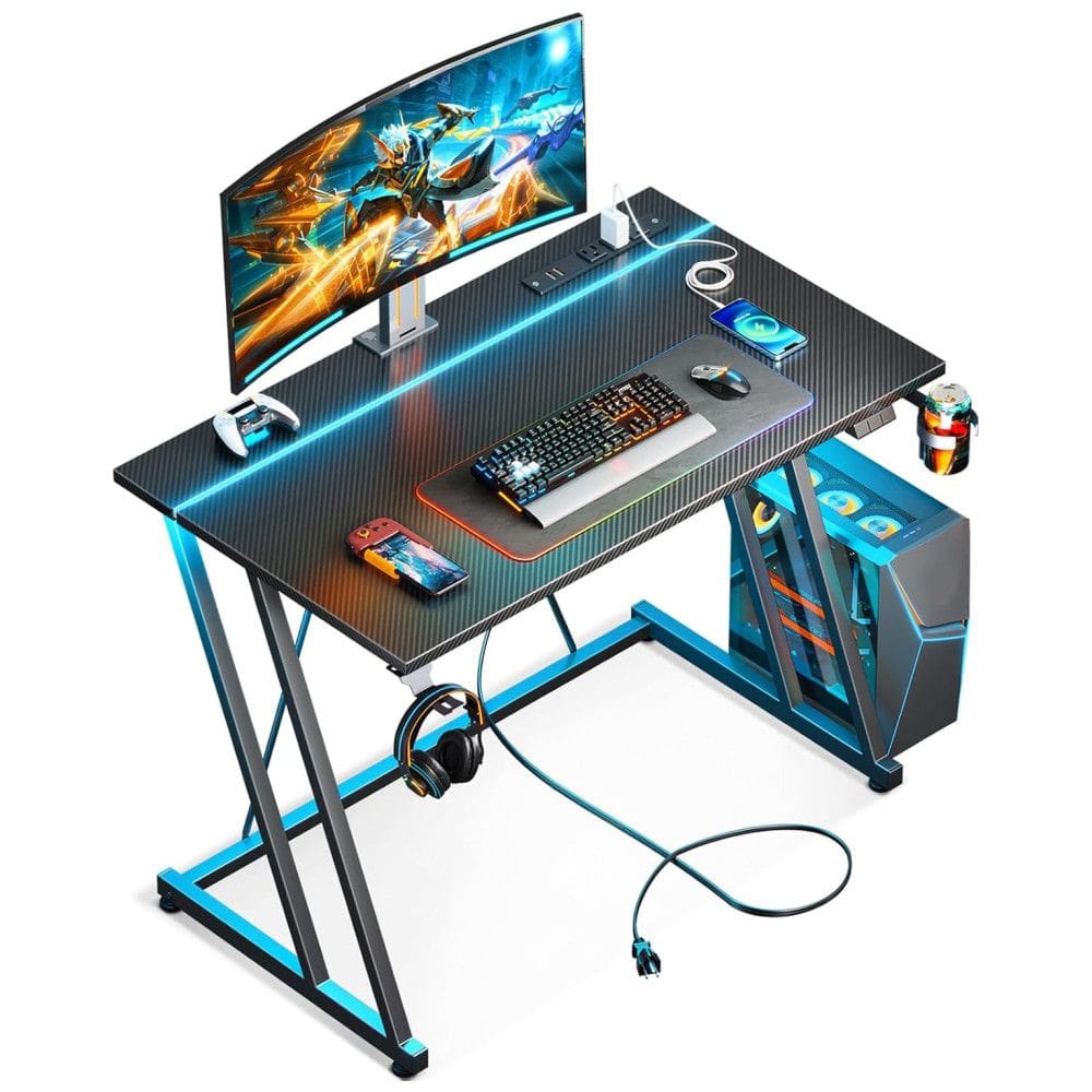 Mesa Gamer 31.5” 80 cm com Textura de de Fibra de Carbono, Gancho para Fone de Ouvido, Tomadas, 1 Portas USB e Luz LED, 110V, MOTPK