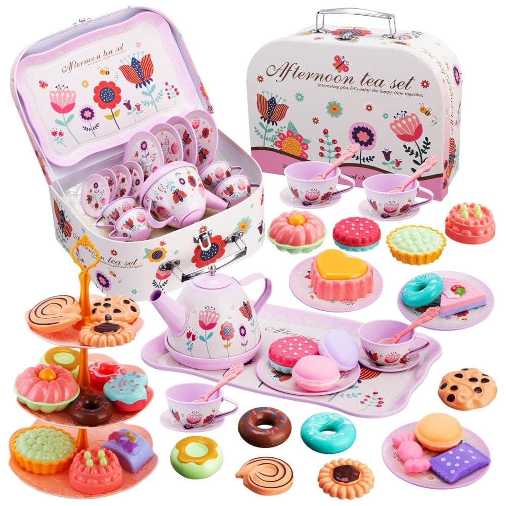 Jogo de Chá Infantil 46 Peças com Tema da Princesa Tea Time, Biscoitos, Bule, Bolo e Sobremesa, MAMPO, Rosa
