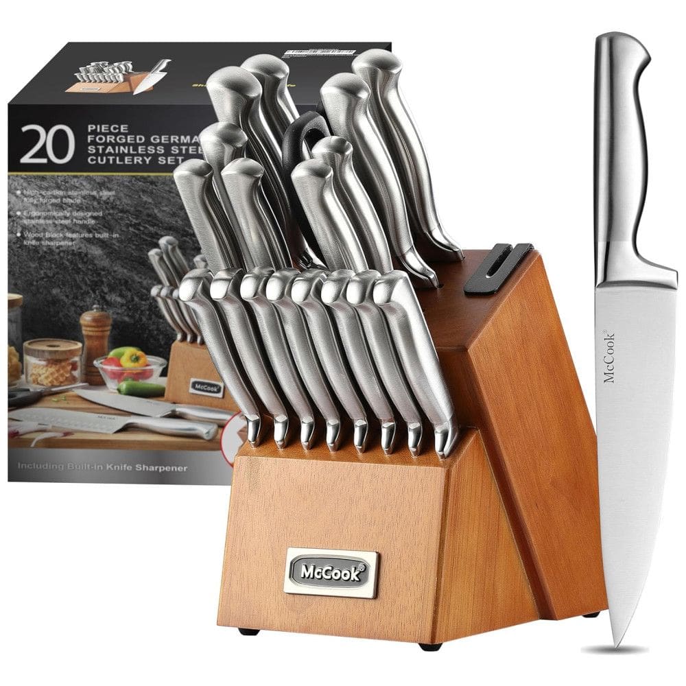 Conjunto de Facas em Aço Inoxidável com Afiador Embutido e Bloco de Bancada 20 Peças, MCCOOK MC69W, Prateado