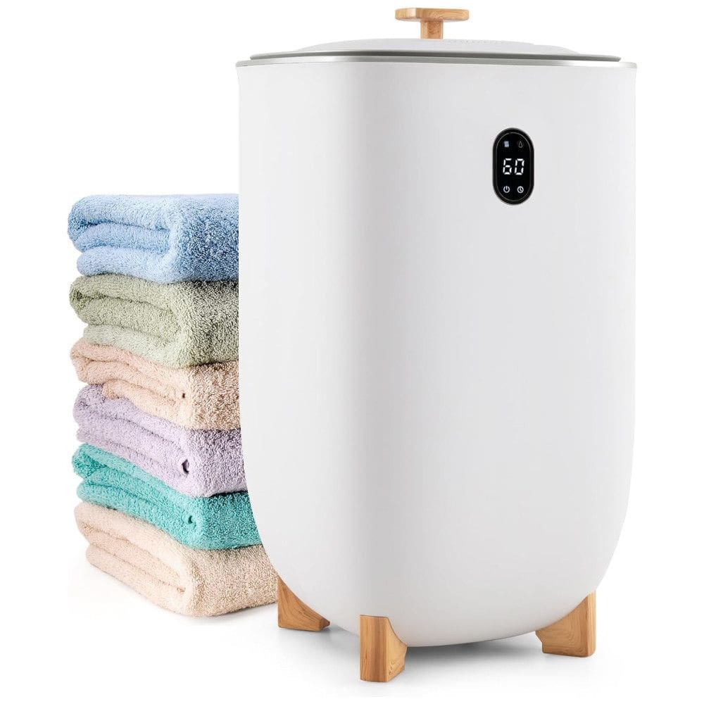 Aquecedor de Toalha Elétrico 35L com Porta Aromas, Modo de Secagem e Temporizador de 20-90 Minutos, 110V, Tangkula, Branco e Marrom