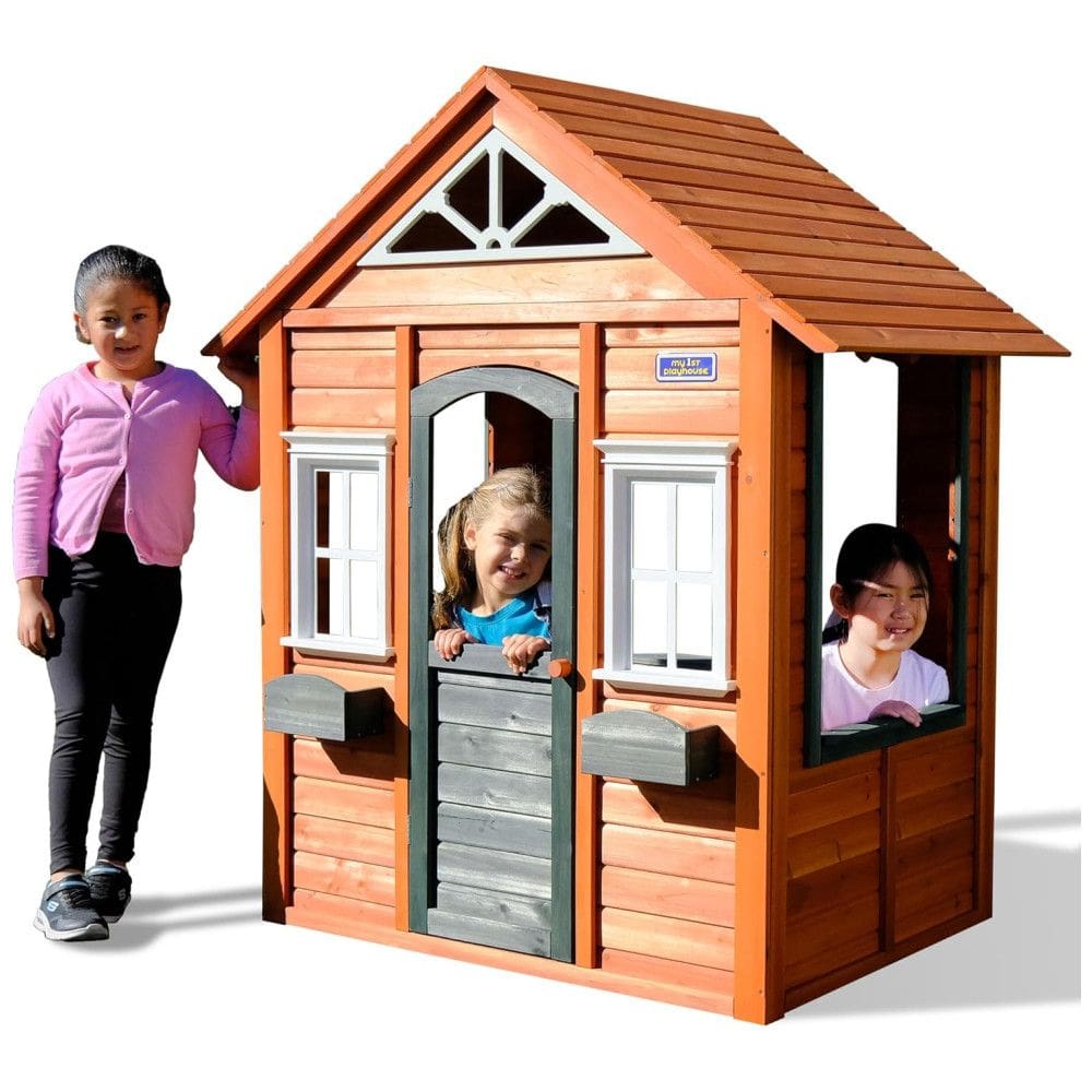 Casinha Infantil de Madeira para Área Externa com Porta Funcional, Design de Conceito Aberto e Suportes para Vasos de Flores
