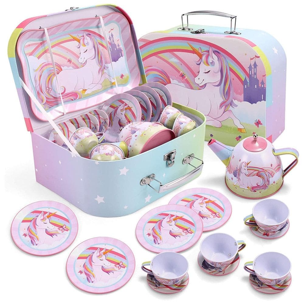 Jogo de Chá Infantil 14 Peças com Tema de Unicórnio e Maleta de Transporte para Crianças Acima de 3 Anos, JOYIN, Rosa
