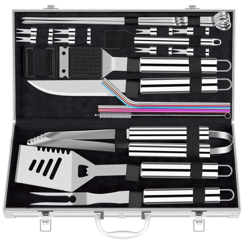 Kit Churrasco na Grelha 25 Peças de Aço Inoxidável e Escova de Limpeza com Estojo de zenamento, ROMANTICIST grill accessories, Prateado
