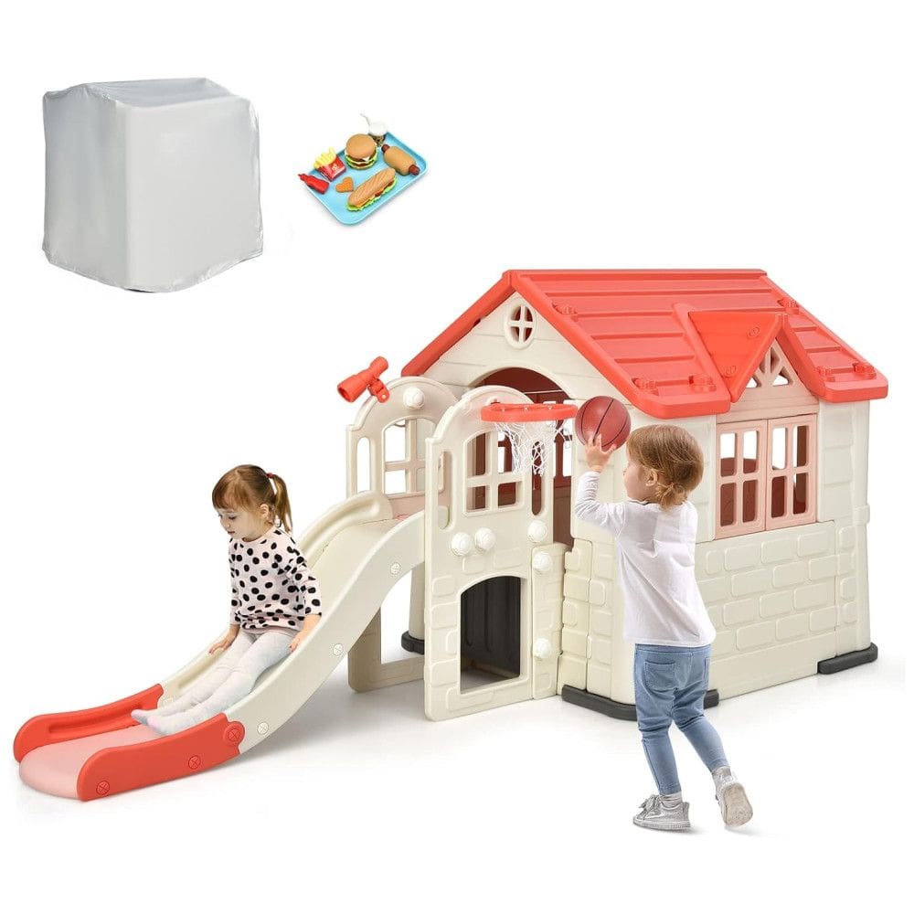 Casinha Infantil para Área Externa 7 em 1 com Cesta de Basquete, Escorregador e Capa à Prova D`água, Costzon, Branca e Rosa