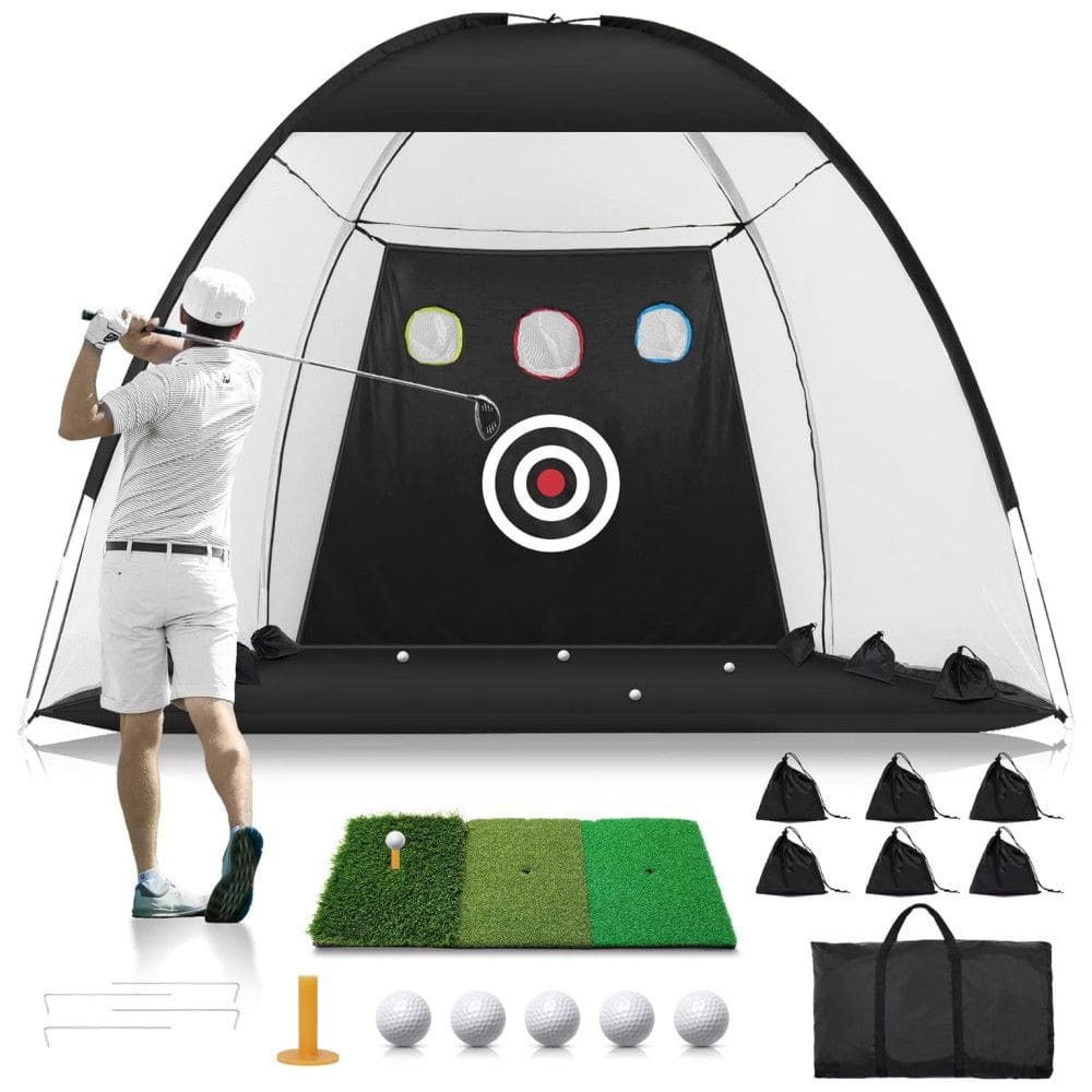Rede de Treino para Golfe de 3m x 2,1m, Inlcui Tapete Tri-Turf, Redes Auxiliares, Alvo de Náilon e Redução de Ruído para Ambientes Internos