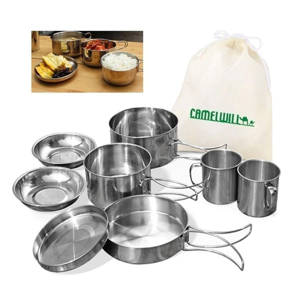 Kit Panelas Em Inox Camping Cozinha Acampamento Outdoor Completo 8 Peças Panela Viagem Praia Pesca