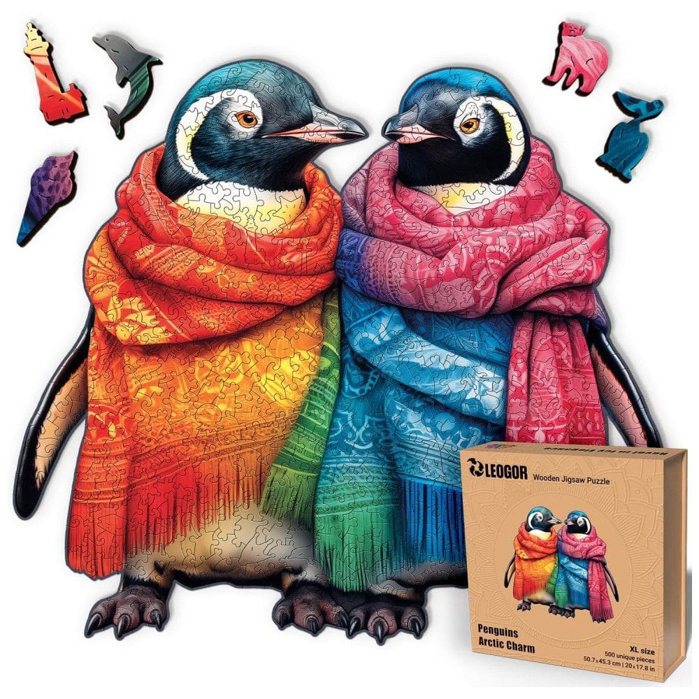 Quebra Cabeças em Madeira MDF para Adultos, Tema Casal de Pinguins com 500 Peças, LEOGOR, Colorido