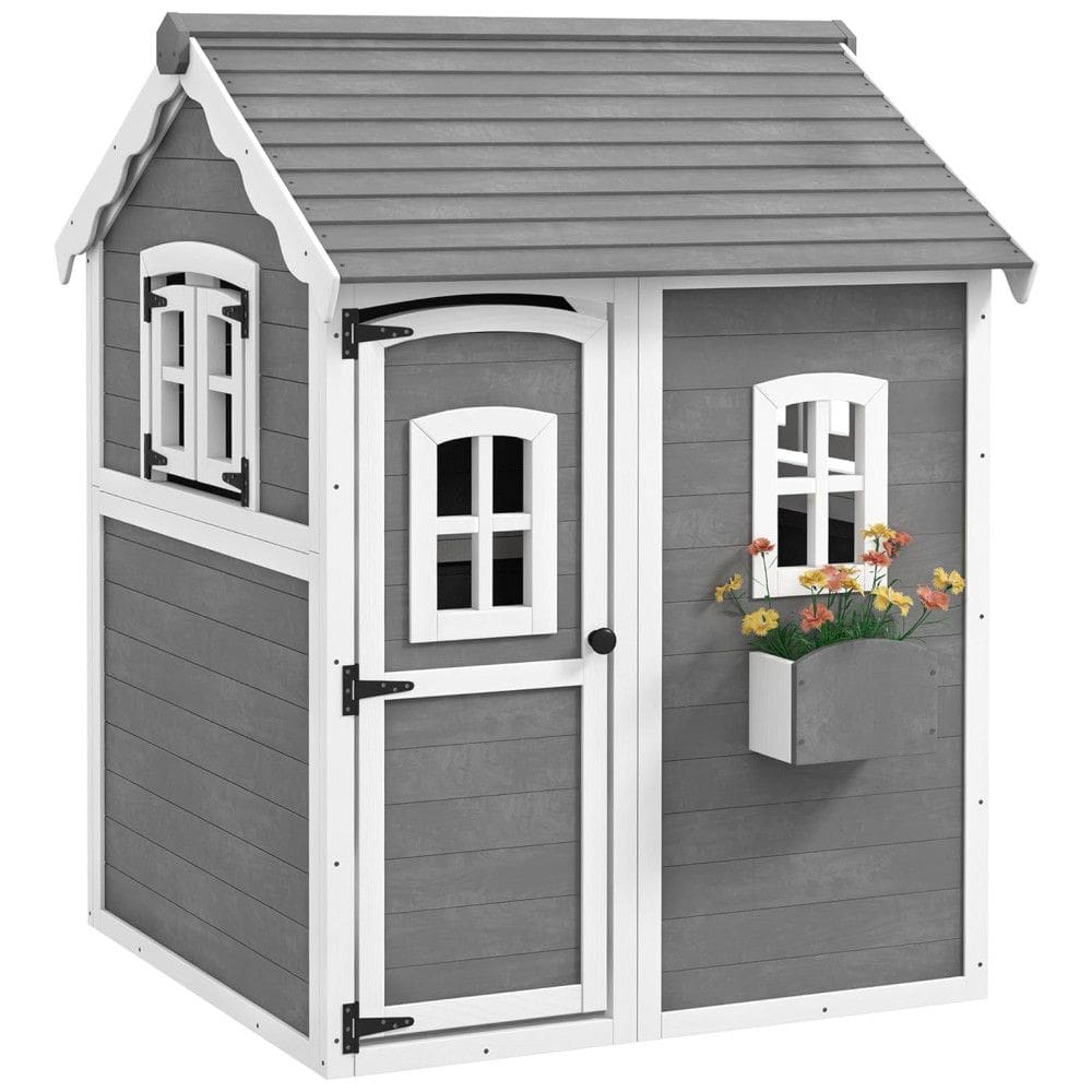 Casinha Infantil de Madeira para Área Externa com Piso, Porta, Janelas e Suporte para Vaso de Flor para Crianças de 3 a 8 Anos, Outsunny
