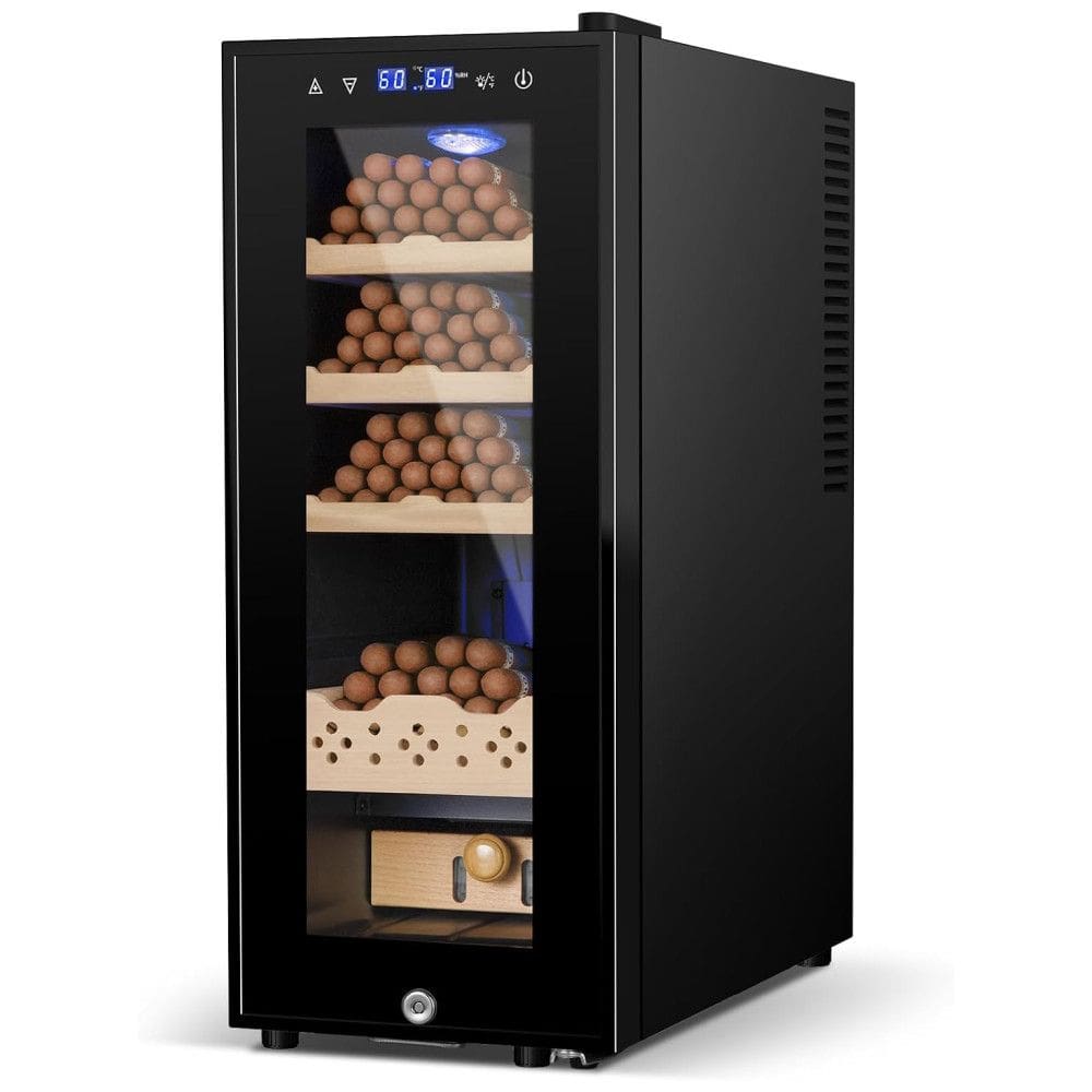 Umidor Elétrico para Charutos: 35 Litros, Resfriamento Termostático, 250 Unidades, Prateleiras de Cedro Espanhol e Tela de Controle.Velieta