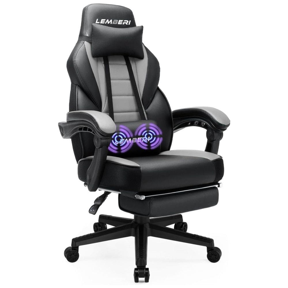 LEMBERI Cadeira Gamer Reclinável e Giratória com Apoio Lombar e Cabeça, Preta e Azul