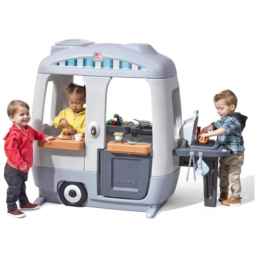 Cozinha Compacta Interativa Externa e Interna, Inclui 52 Acessórios para Crianças de 2 Anos ou Mais, Step2, Cinza