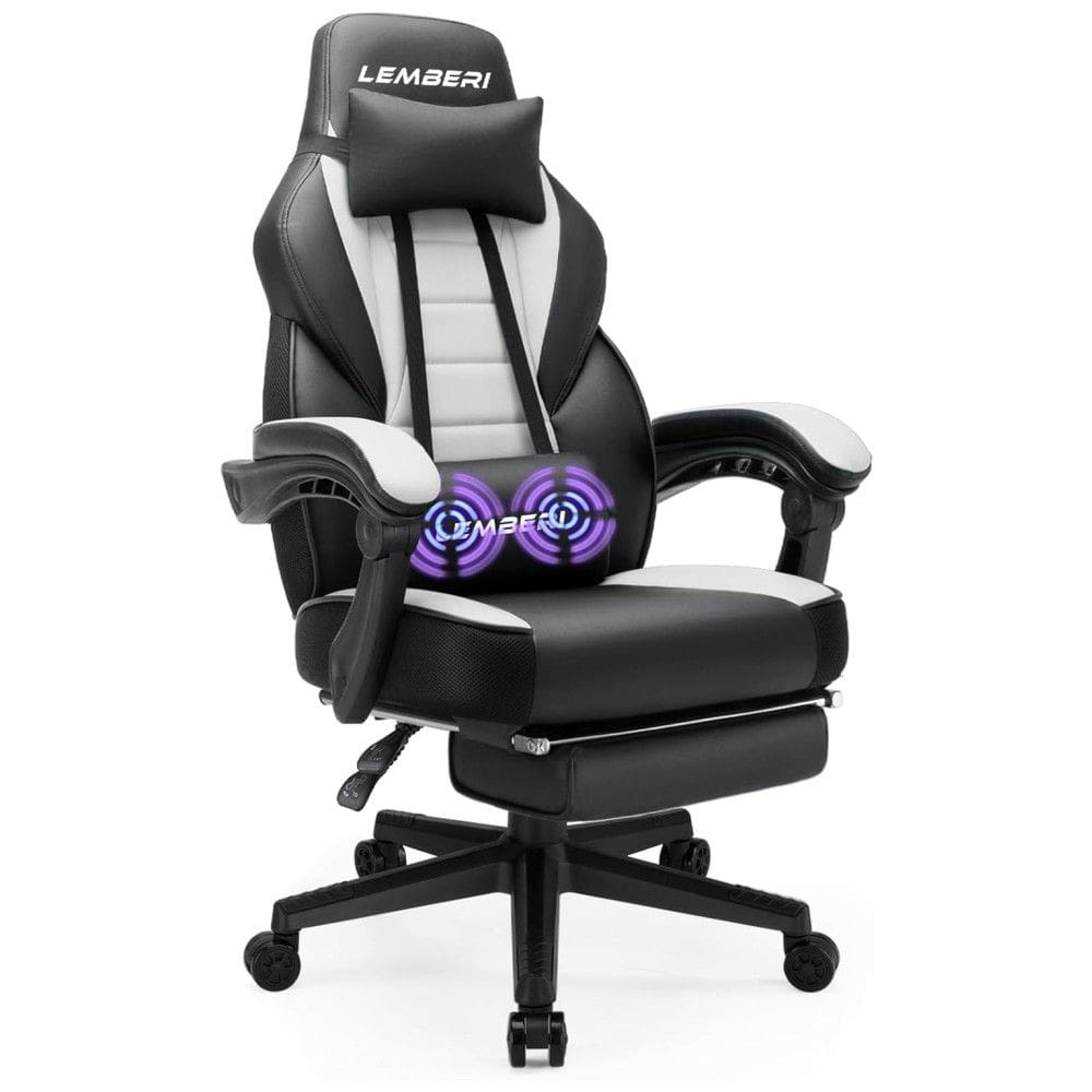 LEMBERI Cadeira Gamer Reclinável e Giratória com Apoio Lombar e Cabeça, Preta e Branca