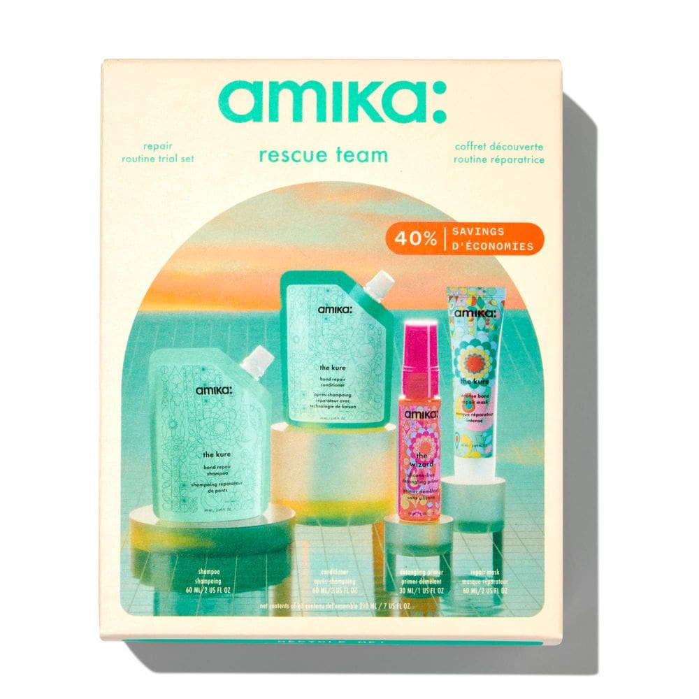 Conjunto de teste de rotina capilar amika Rescue Team com shampoo, condicionador, máscara e primer