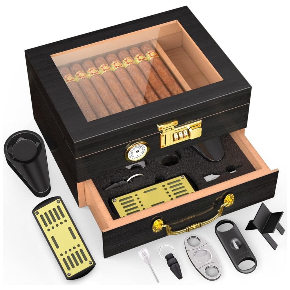 Umidor de Charutos TRBIHCX com Trava de Senha, Gaveta para Acessórios e Conjunto Completo de Acessórios - Comporta 20-50 Charutos