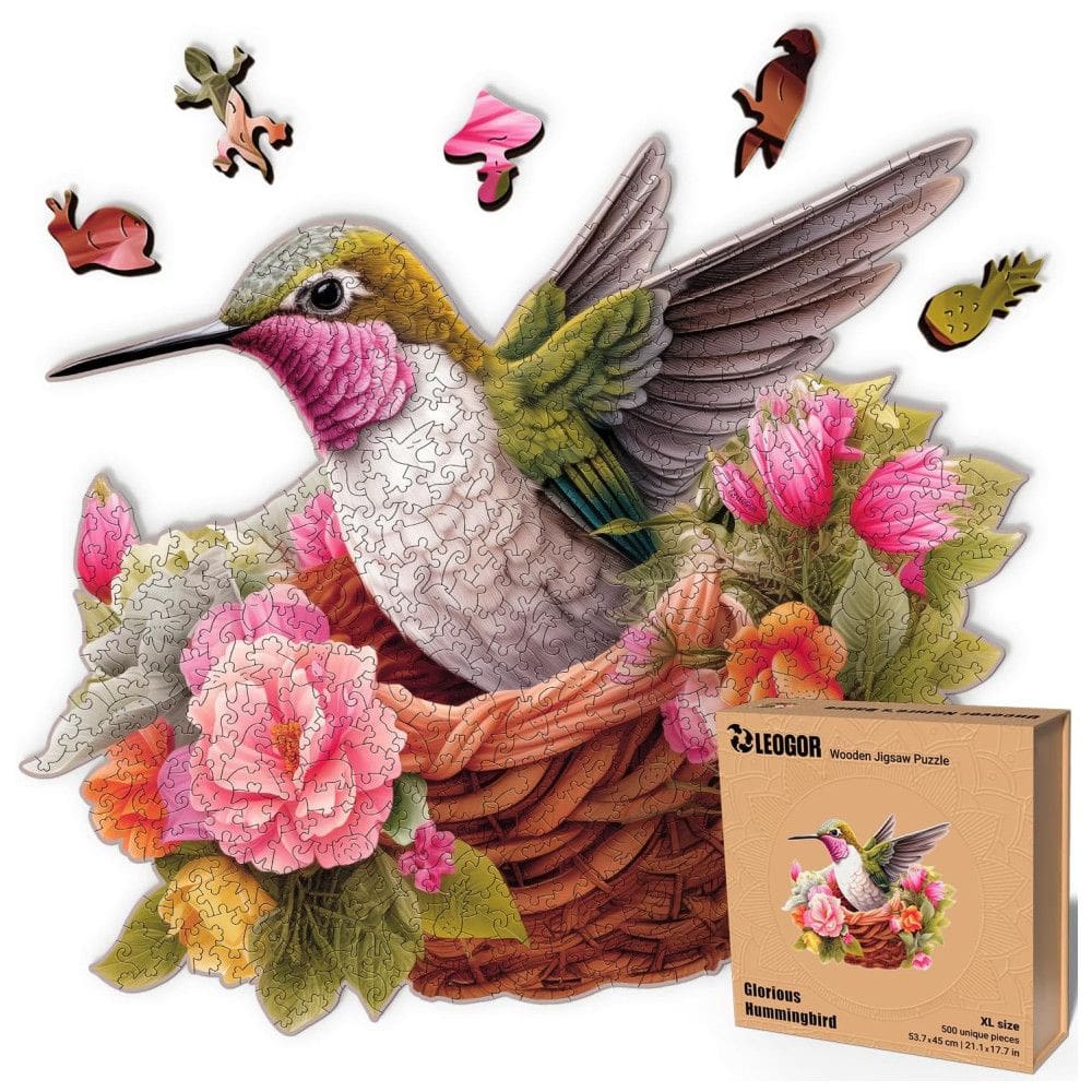 Quebra Cabeças em Madeira MDF para Adultos, Tema Pássaro Glorious Hummingbird e Flores com 500 Peças, LEOGOR