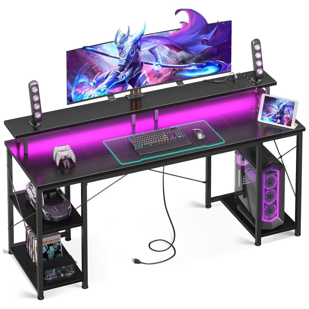 Mesa Gamer de Fibra de Carbono, 63” 160 cm com Luz LED, Tomadas, Prateleiras de Armazenamento e Suporte para Monitor, 110V, ODK