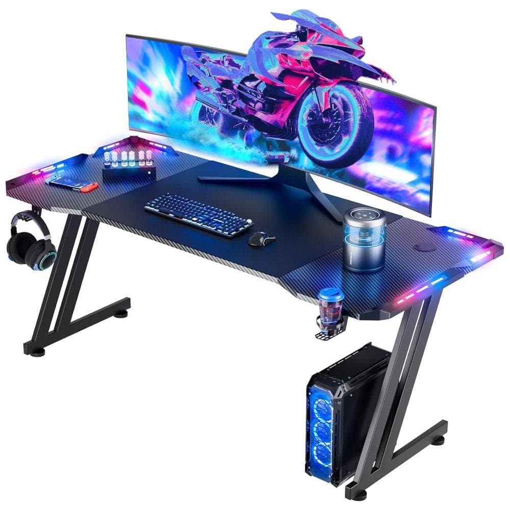 Mesa Gamer Ergonômica 63” 160 cm com Superficie de Fibra de Carbono, Gancho para Fone de Ouvido, Luz LED e Porta-Copos, 110V