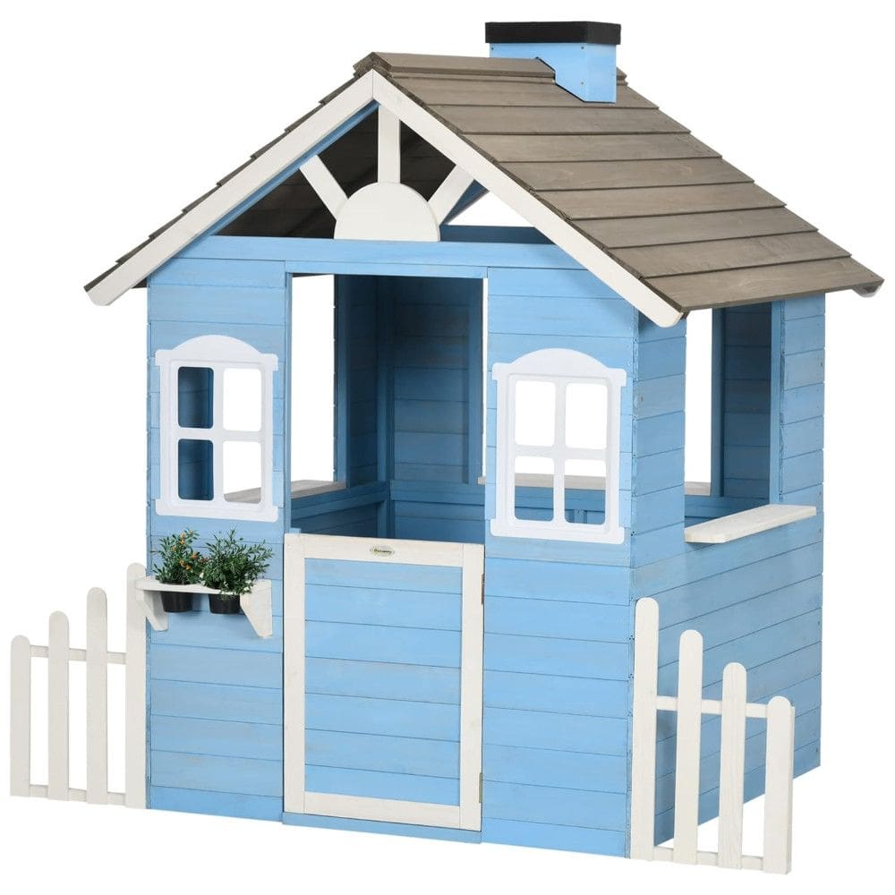 Casinha Infantil de Madeira para Área Externa Estilo Country com Porta, Janelas, Posto de Serviço e Vasos de Flores para Crianças de 3 a 7