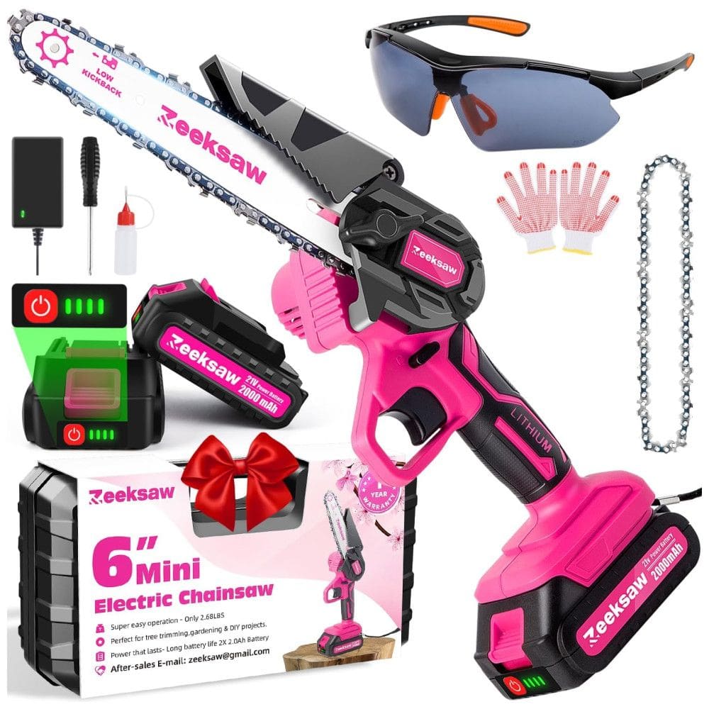 Mini Motosserra Elétrica sem Fio com 2 Baterias 21V para Poda de Galhos, 900W, Zeeksaw, Rosa